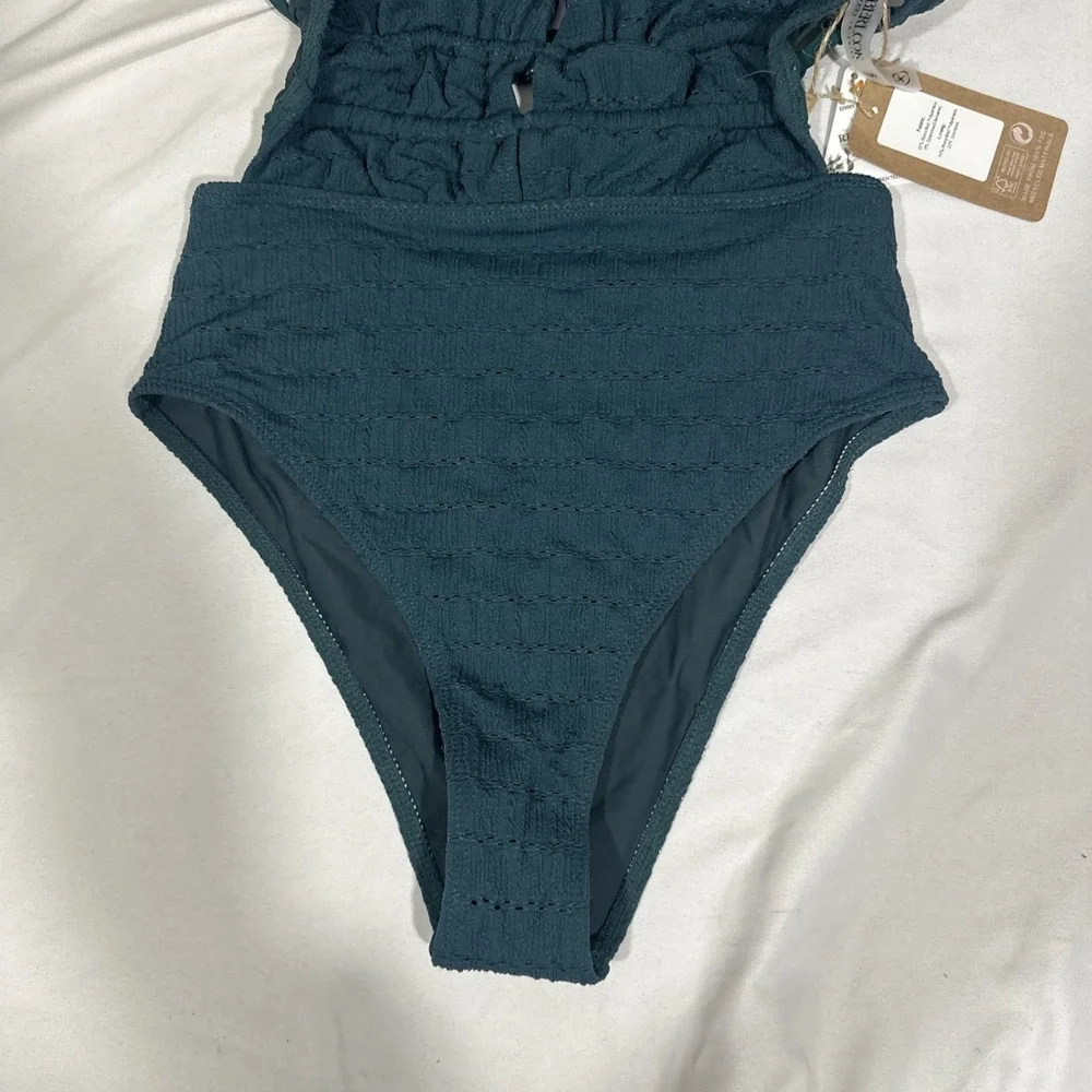 NWT $55 Berlook‎ [ Small ] Dark Green Textured Plunge One-Piece Swimsuit #7077